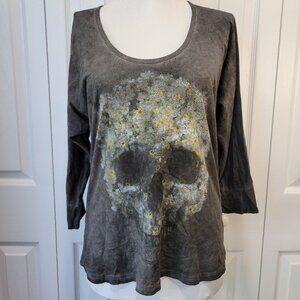 FULL TILT Memento Mori Daisy Faded Floral Skull Gray 3/4 Sleeve Shirt Top sz M